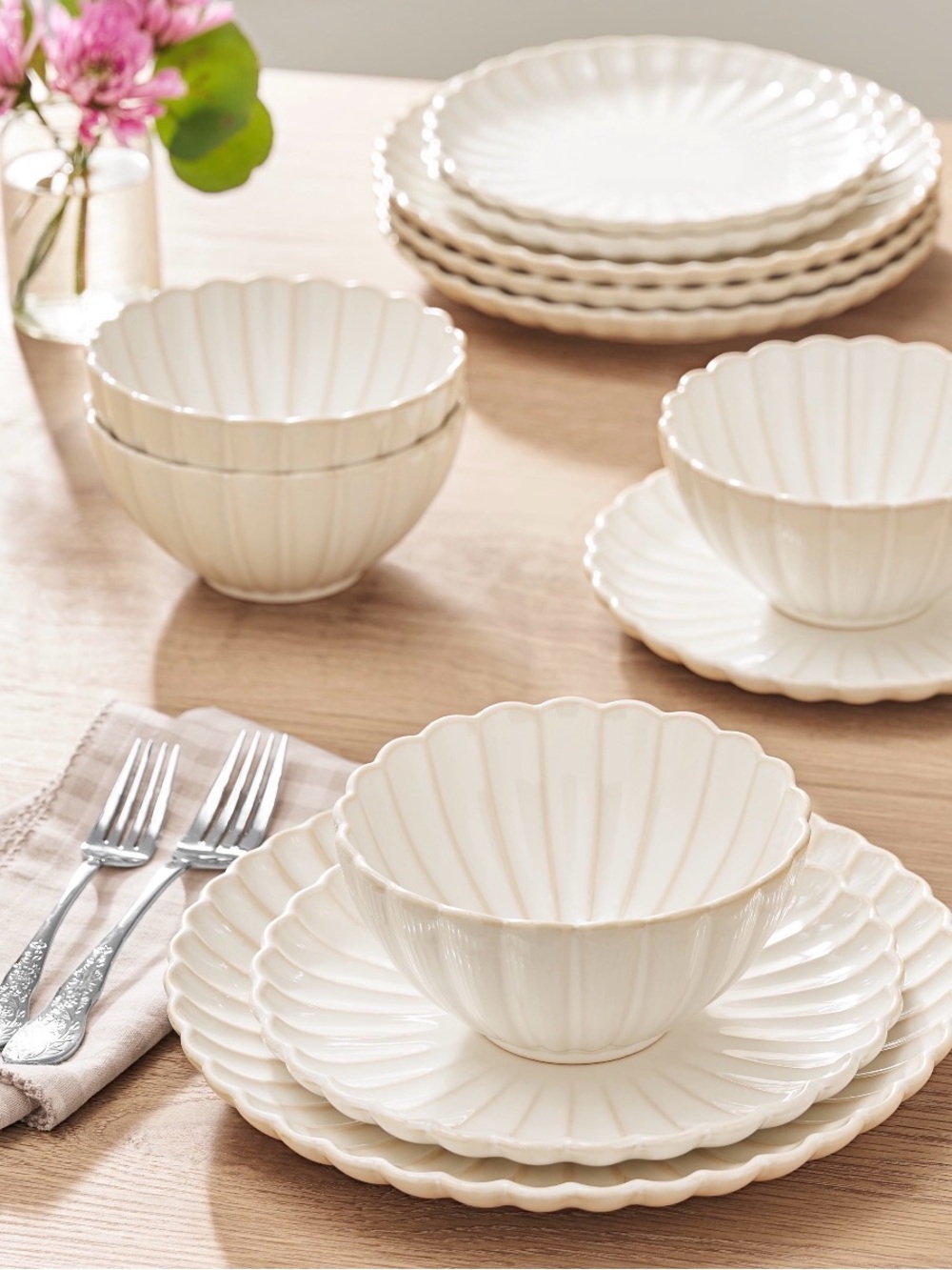 The Pioneer Woman Colette 12-Piece Stoneware Dinnerware Set, Cream